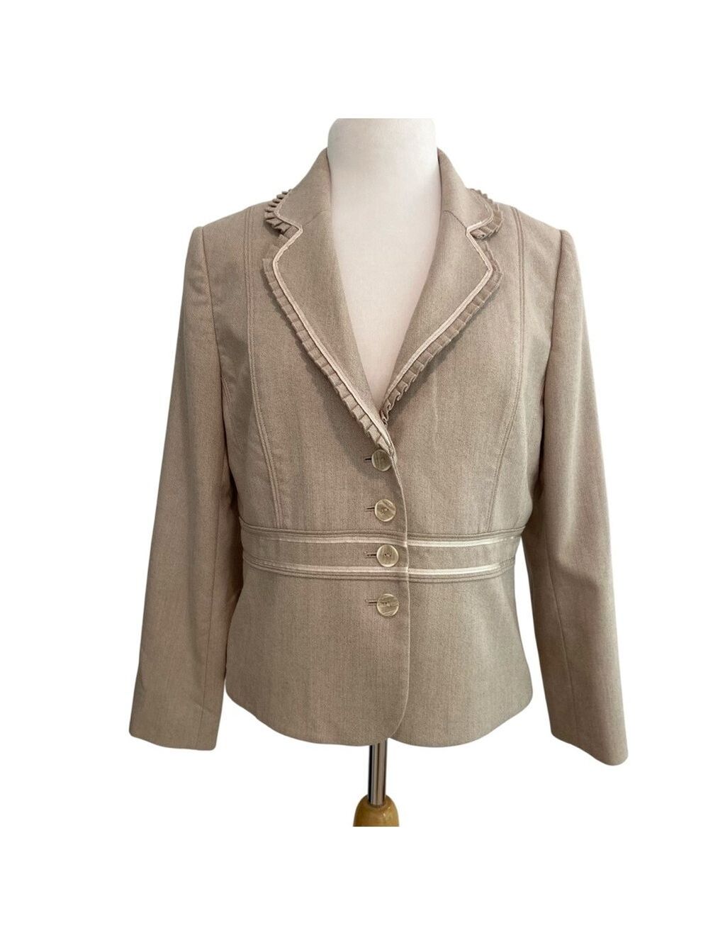 Laura petite blazer neutral beige tan empire waist feminine ribbon button up 12
